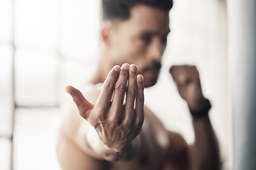 Image showing Boxing hands gesture, strong man and fight training of mma athlete, fitness power and sports gym champion. Zoom palm of boxer in fighting stance to approach, attack and impact for karate martial arts