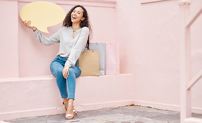 Image showing Woman shopping with speech, social media announcement or speech bubble on pink wall background and mockup. Retail customer with voice, review or chatting sign for online shopping, ecommerce or retail