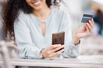 Image showing Ecommerce, credit card and woman online shopping on smartphone for digital payment website. Happy customer typing security bank information on safe e commerce, banking or fintech software application