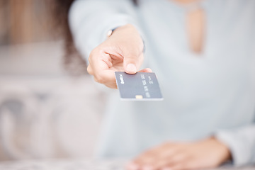 Image showing Hand of woman with credit card, money or finance, payment or purchase. Investment, buying goods or online shopping girl, banking or cash, wealth or fintech, savings or economy, ecommerce or trading