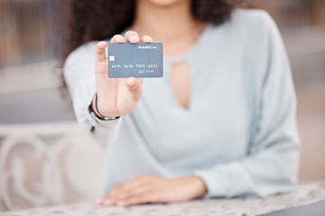 Image showing Credit card, bank payment and budget money in savings. Woman holding card in hand, cash loan purchase and financial advisor in circular economy. Finance transaction, banking sale and debt interest