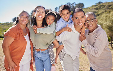 Image showing Big family, portrait and happy smile of mom, dad and children on a hike or walk with grandparents. Happiness of people from Mexico on a walking and hiking trip in nature with happiness together