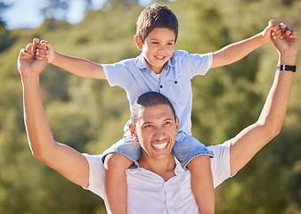 Image showing Happy dad, child and family nature walk of a kid on father shoulders with a smile in the summer sun. Happiness, fun and outdoors experience of a man and kid walking and hiking in nature together