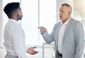 Image showing Angry businessman executive and finger pointing for conflict mistake or KPI fail. Corporate boss, ceo or manager unhappy, frustrated or stress fight with employee for bad job or career review results