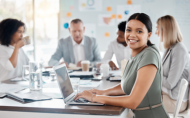 Image showing Digital marketing, collaboration and seo team planning a global sales and branding strategy in a office meeting together. Business people brainstorming, communication and working on laptop on goals