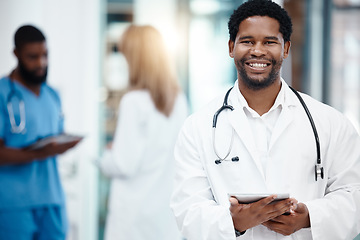 Image showing Doctor, trust and Telehealth portrait with tablet for hospital software management, success and innovation. Medical insurance, technology and expert black man in healthcare happy with digital results