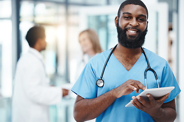 Image showing Tablet, nurse and portrait of a black man with hospital software app for medical research, email report and digital data management. Healthcare doctor or expert for Telehealth or clinic innovation