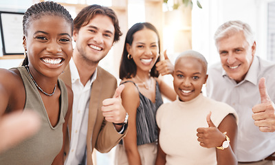 Image showing Diversity business people and thumbs up selfie for success, trust and thank your sign for global social media portrait, smile and lens flare. Corporate group with like hands icon for happy career