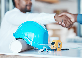 Image showing Architect partnership, client handshake and construction worker meeting for thank you, deal or onboarding. Businessman and contractor shaking hands happy with design planning agreement or negotiation