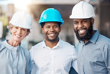 Image showing Architect portrait, work diversity and construction workers working on building project together, happy with architecture and industrial team in the city. Engineer group with smile for design job