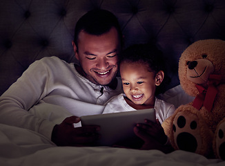 Image showing Night, tablet and man and girl in bed watching a movie, series or show for entertainment. Love, smile and happy father and daughter relax in home bedroom playing online game or reading digital ebook