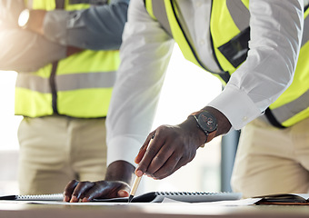 Image showing Construction team, architect show plan or blueprint to worker, for work on building or development. Black contractor or engineer, with safety clothing planning new design or architecture sketch