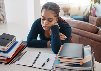 Image showing Sleep, books and black woman student writing homework in notebook or studying for exam test paper. College, University African or homeschool girl tired from learning, knowledge and education at house