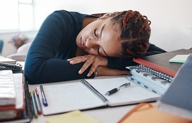 Image showing Burnout, sleeping student at desk with books while studying, reading or university education knowledge in room. Tired fatigue gen z black woman in home office with notebook for scholarship learning