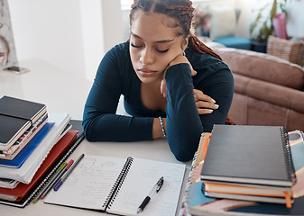 Image showing Study, home and sleep for student with books, textbook and notebook for university, college or school studies. Education, learning or tired black woman sleeping after studying hard for knowledge test