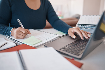 Image showing Notebook, laptop and writing hands of black woman or accounting financial consultant in home office working online. Consulting person studying internet market economy with loan finance document notes
