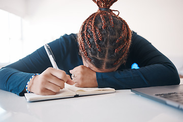 Image showing Stress, burnout and mental health with a woman writer, journalist or author struggling with writers block in her office. Writing, idea and book with a young female trying to write a story or novel