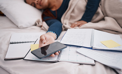 Image showing Phone, books and sleeping woman student tired from learning, studying and education exam paper in bed. University or college girl rest with mobile smartphone for online research paperwork document