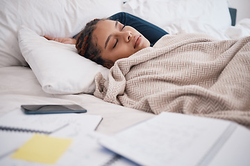 Image showing Burnout, sleeping and tired scholarship or university student in bed after study or research with smartphone. Sleep or fatigue woman while learning for test or exam with notebook in bedroom at night