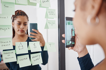 Image showing Woman entrepreneur with mirror selfie and sticky note for business planning with a sad, confused face. Startup girl with problem, anxiety or project fail and stress for future budget or finance debt