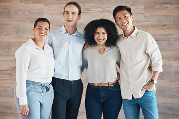 Image showing Business people portrait for teamwork, diversity and trust in a creative, innovation and happy company, ngo or startup. Group of people with smile for internship opportunity and staff hug together