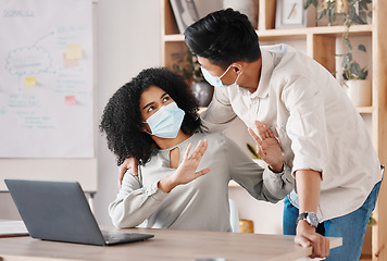 Image showing Covid employee stop worker in social distancing policy, health risk and workplace safety rules of office. Corona virus warning, caution and woman reject hug, touch and greeting of sick man in danger