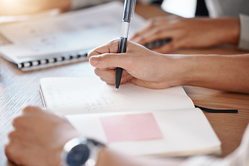 Image showing Business hands writing notes, schedule and planning ideas, meeting administration and research paper notebook on desk office. Closeup of event planner reminder, team agenda and journalist information