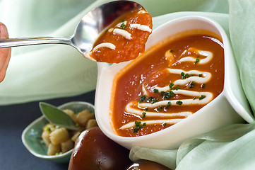 Image showing Bowl of Black Prince tomatoe soup