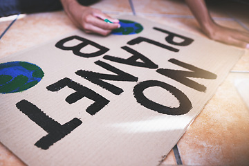 Image showing Hands, global warming and protest writing on cardboard woman support environment sustainability, clean energy and climate change. Woman with problem banner for planet co2 eco friendly solution rally