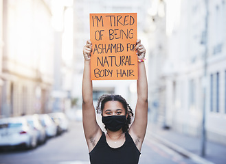 Image showing Women human rights, hair removal choice and protest, rally and feminist revolution against beauty standards, freedom and gender equality. Woman showing hairy body armpit, justice and poster opinion