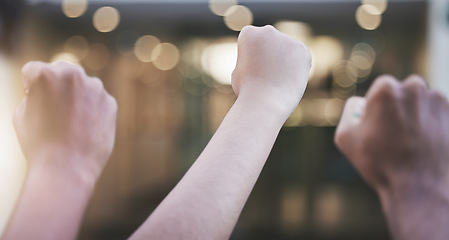 Image showing Ukraine war, activism and fist of power in solidarity with soldier and world peace by diverse group of people of the public. Community, justice and support by group hand sign of freedom and protest