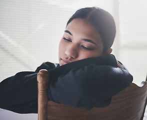 Image showing Depression, sad and mental health woman thinking in house room, home interior or psychology rehabilitation. Stress burnout, anxiety or divorce person in community help accountability after audit debt