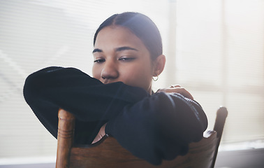 Image showing Depression woman, mental health and anxiety thinking about suicide, life stress and trauma crisis. Sad, scared and lonely young girl student with fear of bullying problem, panic attack and worried