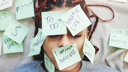 Image showing Sticky note, sleeping face and busy woman tired from working, frustrated with office work and burnout stress from startup company. Sad manager with career problem and job reminder on head