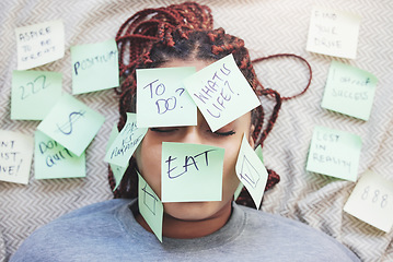 Image showing Sticky note, stress and woman with questions on face for frustrated lifestyle management thoughts. Thinking girl with schedule logistics anxiety in panic mental mindset with memo and reminder.