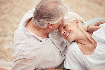 Image showing Retirement, love and forehead kiss with couple together for care, relationship and milestone. Happiness, support and relax with married elderly man kissing old woman, on her head for romance holiday