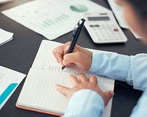 Image showing Business woman hand writing in notebook for KPI planning, financial report and company growth or data in meeting. Zoom on employee, worker and brand manager with paper documents and schedule