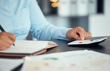 Image showing Accountant hands, business woman or financial advisor working with bank budget, calculator and writing company tax audit. Insurance, investment or broker calculating savings, loan and economy growth