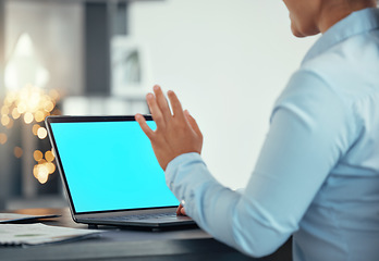 Image showing Green screen on laptop, a woman uses hand to test video quality and starts streaming meeting with 5g technology. Helping global online communication for staff, stable internet connection and teamwork