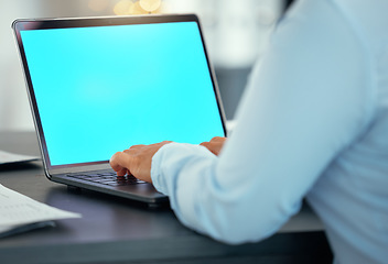 Image showing Green screen laptop mockup with female hands typing at office, starting work and working on digital marketing project. Blank display as a woman sitting at screen, to create and develop online content