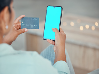 Image showing Ecommerce, credit card and woman with green screen phone mockup in hand for a payment, online shopping and banking. Female using fintech app and paying on internet with website app on 5g smartphone