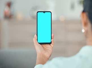 Image showing Green screen phone, mockup and marketing, advertising and mobile brand app space. Closeup hands of woman, internet technology and social media website on 5g contact, digital connect and online design