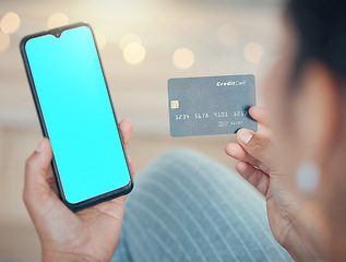 Image showing Credit card, ecommerce and phone with green screen mock up or blank display for fintech, online shopping and technology. Payment, banking and finance with black woman and mockup on digital device