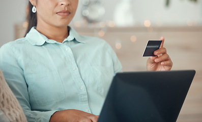 Image showing Credit card, online shopping and banking online on a laptop at home. Woman with card and computer with convenient, easy and quick way to bank and shop. Bank card, remote and electronic services