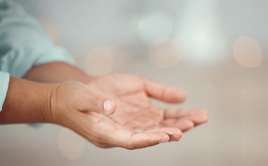 Image showing Open praying hands for faith, support and worship of God, for hope in Jesus christ and holy spirit on good Friday church spiritual and religion holiday. Woman palm praise, asking or begging for help