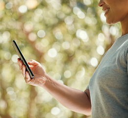 Image showing Woman, phone and climate change app for nature park, sustainability and environment management. Zoom, smile or happy agriculture volunteer hand with 5g mobile technology for recycle community charity