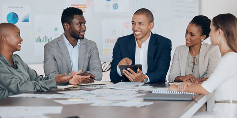 Image showing Teamwork, finance data and marketing meeting or advertising people on tablet in office with paperwork. Research, communication and strategy of corporate business workers with ideas planning together.