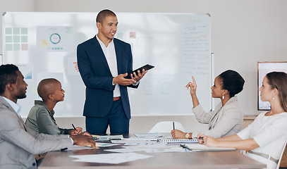 Image showing Leadership, boss and business man presentation with proud leader training and coaching diverse team. Mentor, motivation and speaker answer question, giving feedback and improvement strategy in office