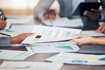 Image showing Meeting, planning and finance by team of business people discussing data, contract or financial statistics. Collaboration, strategy and boardroom meeting with partner checking growth and development