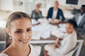 Image showing Leader, motivation and presentation with business woman, CEO and manager coaching, teaching employees during meeting. Happy female mentor or coach with smile sharing vision, ideas and profit feedback